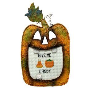 Rustic Halloween Metal Picture Frame Jack O Lantern Pumpkin Cross Stitch Candy